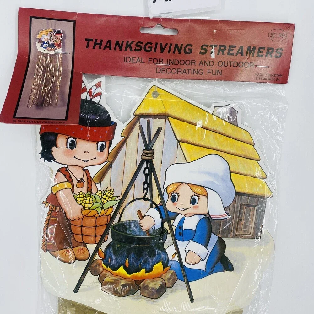 Vintage 1995 Die Cut Thanksgiving Streamer Decoration Pilgrim Girl Native Boy